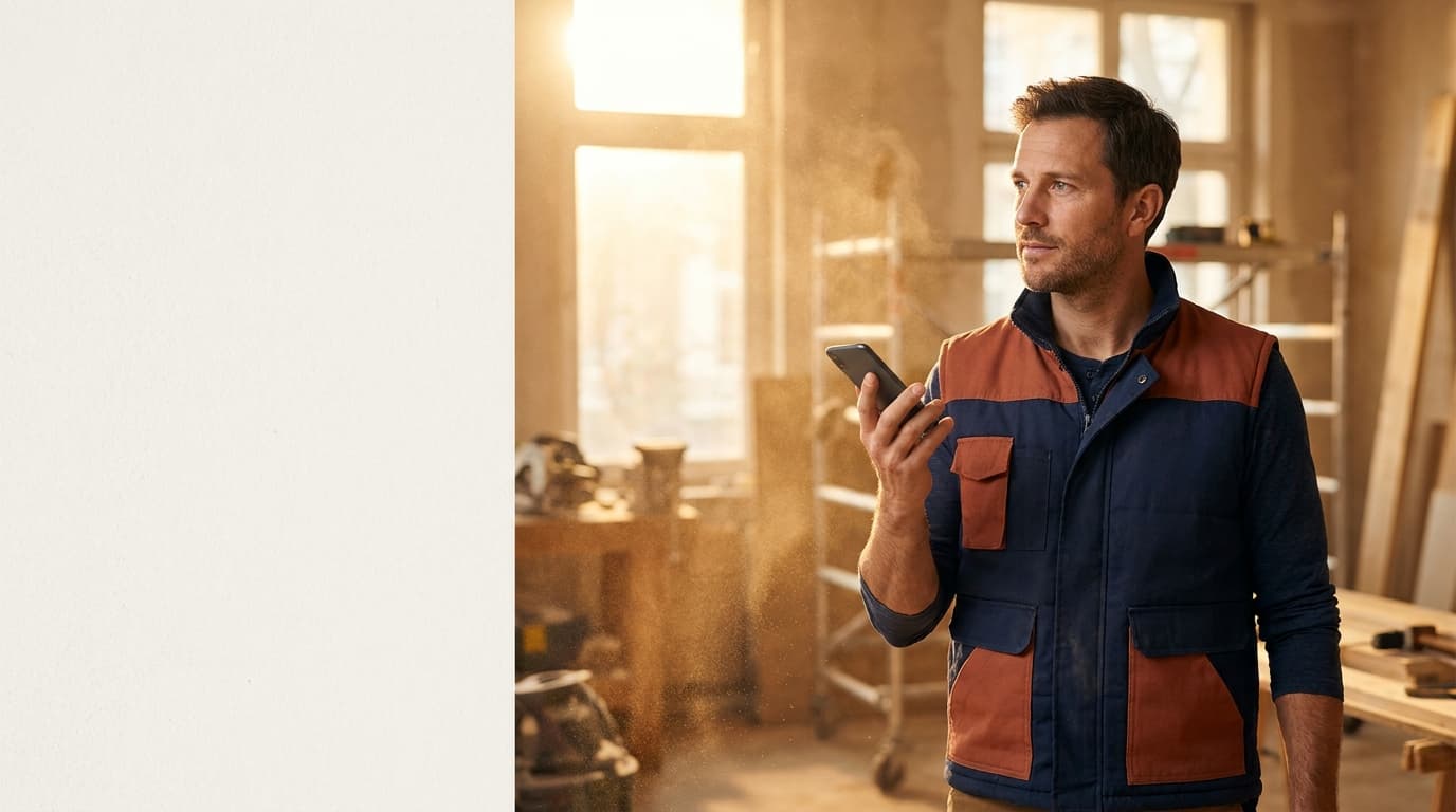 Un artisan sur son chantier dicte son rendez-vous à son téléphone